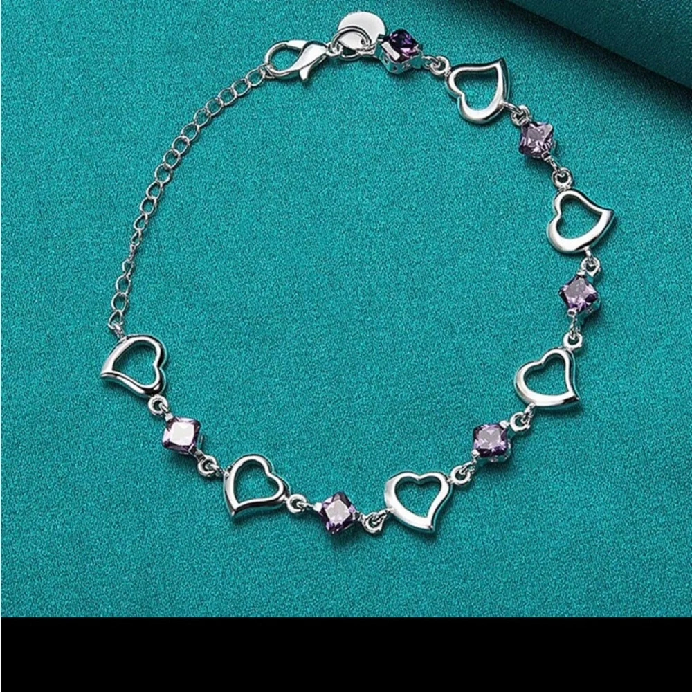 NEW 925 Sterling Silver Heart Purple Bracelet - Picture 4 of 8